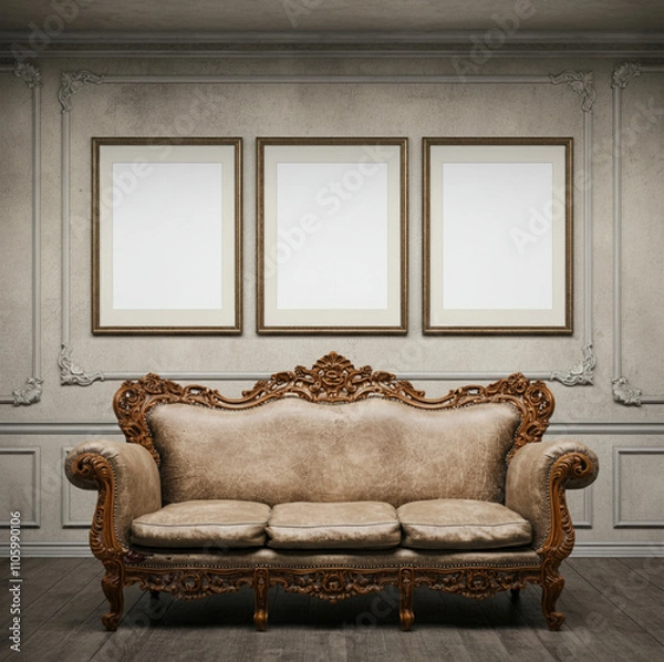 Fototapeta Antique sofa with three blank frames on a vintage-style wall