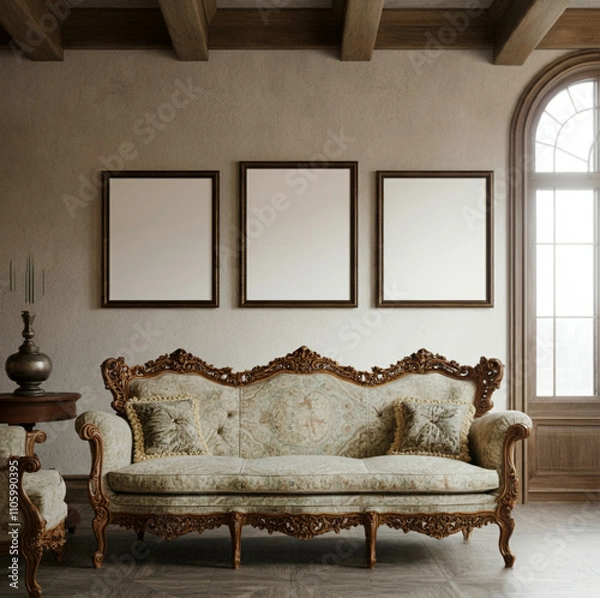 Fototapeta Rustic sofa with ornate detailing and blank frames on a textured wall
