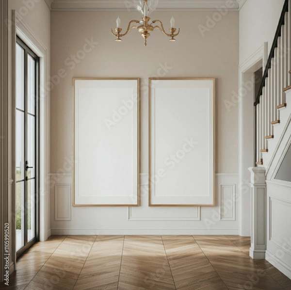 Fototapeta Bright entryway with two blank frames, chandelier, and staircase
