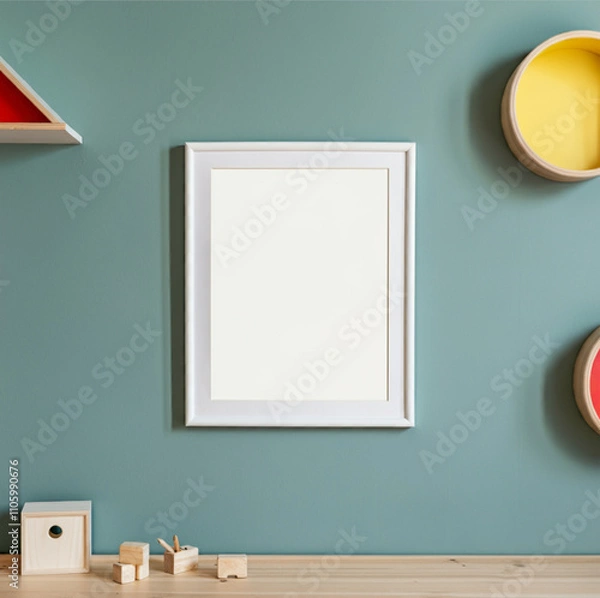 Fototapeta Playful children�s room with blank frame on teal wall and wooden decor