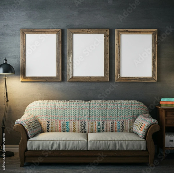 Fototapeta Cozy Living Room with Three Rustic Wooden Frames Above Comfortable Sofa