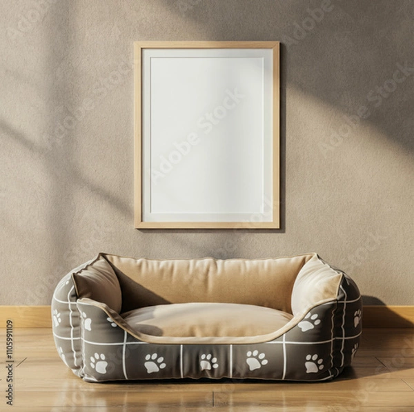 Fototapeta Cozy Pet Bed with Cute Paw Patterns and Blank Wall Frame in Sunlit Room