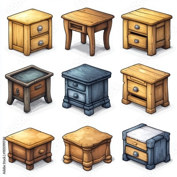 Fototapeta A set of various (Writing Desk Cartoon Character Set) in full detail, isolated on a transparent background. The collection includes writing desks in cartoon style, showcasing playful features