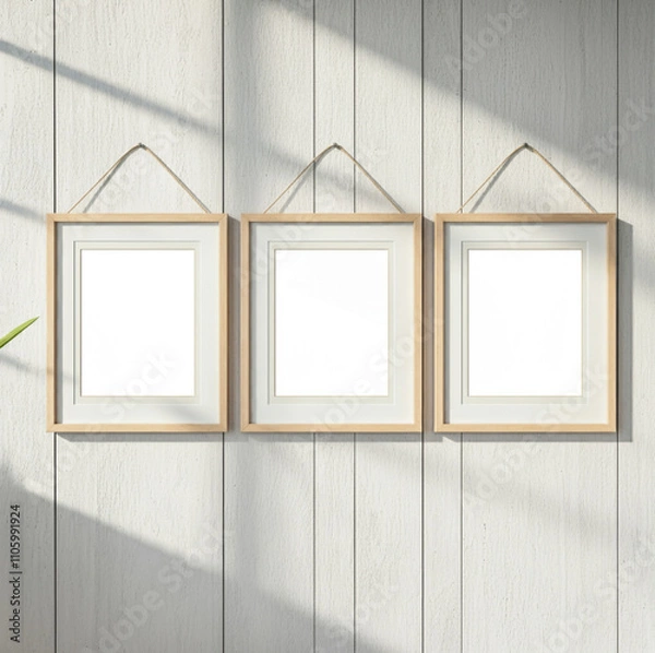 Fototapeta Three Wooden Hanging Frames on Bright White Wall Illuminated by Natural Light