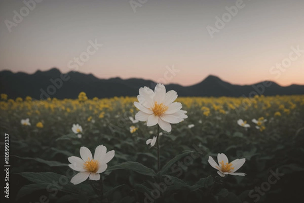 Fototapeta a field of white and yellow flowers