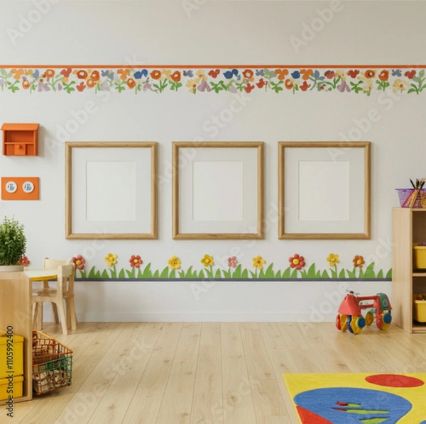 Fototapeta Bright and Cheerful Children's Room with Three Wooden Frames and Colorful Wall Decor