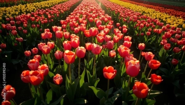 Fototapeta a top-down aerial view of a vast field of red tulips