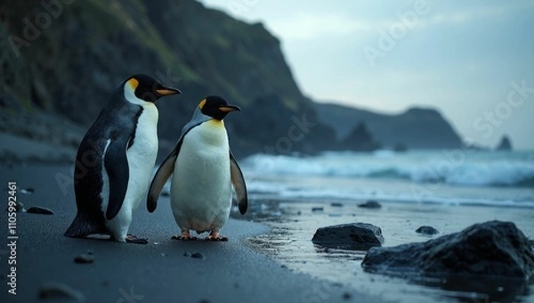 Fototapeta penguins at the beach with cliffs