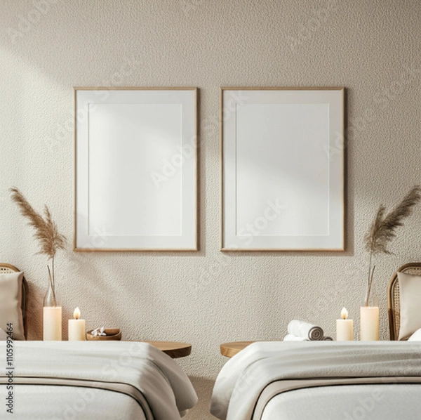 Fototapeta Serene Spa-Like Bedroom with Twin Frames and Soft Candle Lighting