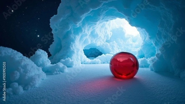 Fototapeta red glass globe in an icecave at night