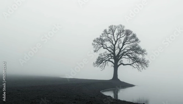 Fototapeta black and white photograph of a tree at a lake