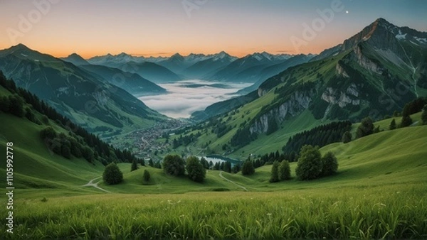 Fototapeta panoramic view of a verdant landscape