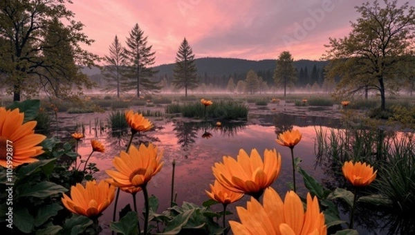 Fototapeta flowers floating on a lake