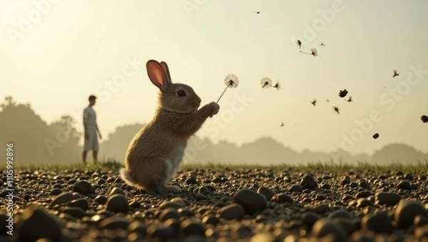 Fototapeta rabbit who is standing on a field of small pebbles