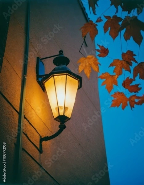 Fototapeta illuminated wall-mounted lighting fixture at autumn