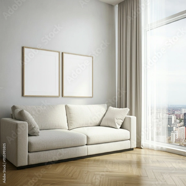 Fototapeta Elegant Living Room with Tall Windows and Twin Frames Above White Sofa