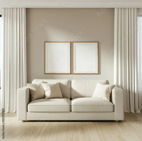 Fototapeta Bright Minimalist Living Room with White Sofa and Twin Frames on Beige Wall