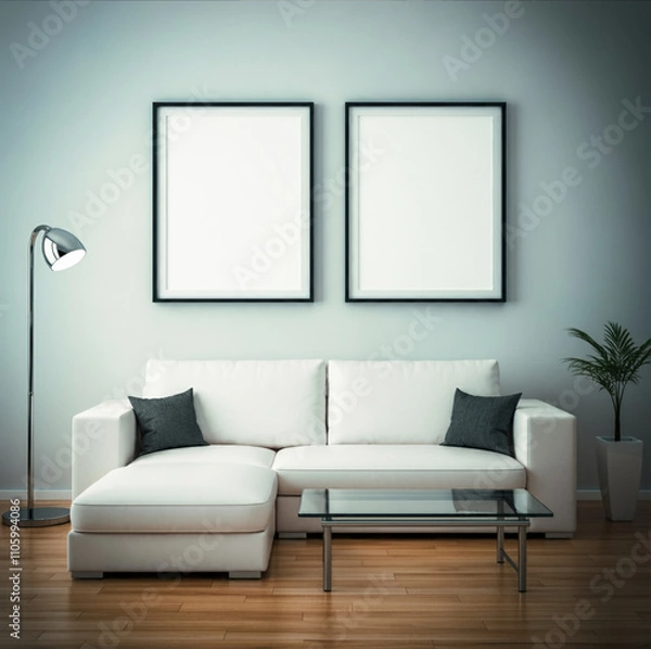 Fototapeta Modern Living Room with White Sectional Sofa and Twin Frames on Soft Blue Wall