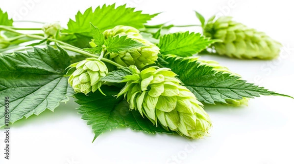 Obraz photo of green hop cones with leaves, isolated on a white background, studio shot