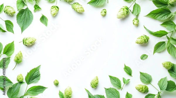 Obraz photo of green hop cones with leaves, isolated on a white background, studio shot