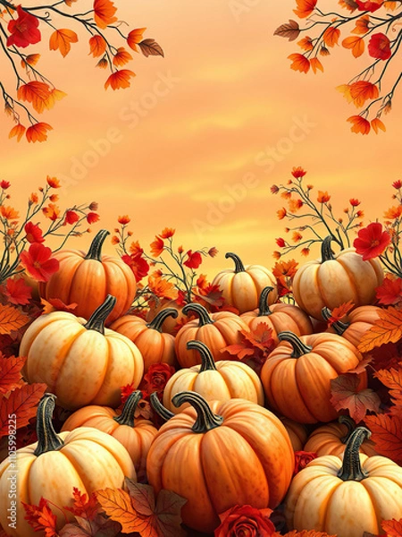 Fototapeta autumn seamless pattern background with pumpkins and flowers,  autumnal feel,  autumn leaves,  fall foliage,  outdoor setting,  nature-inspired design
