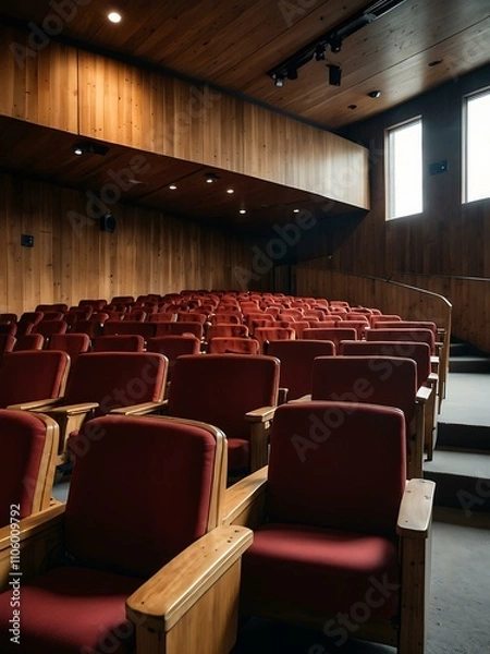 Obraz Empty auditorium with red seats and wooden walls.