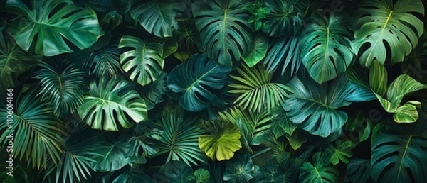 Fototapeta A dense arrangement of green tropical leaves creating a lush, vibrant backdrop.