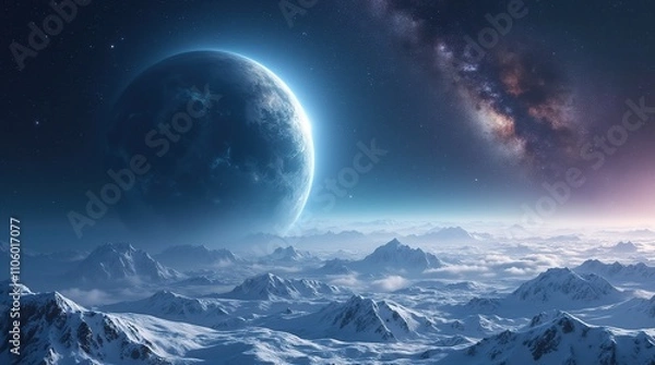 Fototapeta Mystical Cosmic Landscape With Snowy Peaks and Distant Planet