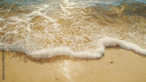 Fototapeta Crystal-clear beach at sunrise, waves gently rolling in, pristine sand, untouched shoreline