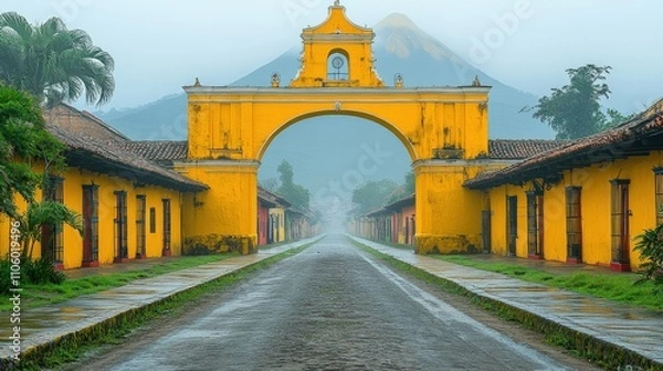 Fototapeta A scenic view of a yellow archway leading down a misty street with a volcano in the background.