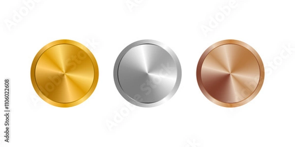 Fototapeta Award golden, silver and bronze medals. First, second and third place medals, coins or buttons isolated on white background. 3d vector realistic illustration