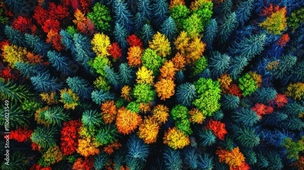 Fototapeta Breathtaking Aerial View of a Dense Forest Showcasing Vibrant Autumn Colors, Capturing the Essence of Nature's Beauty from Above in a Gigapixel Image