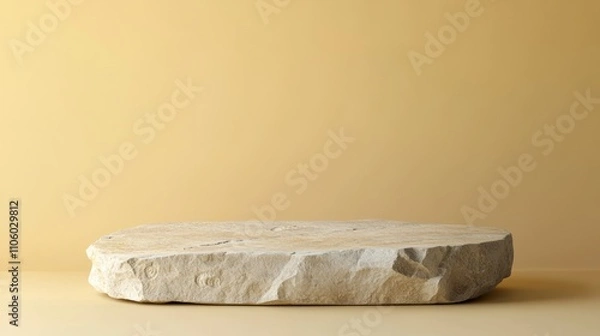 Fototapeta A stylish limestone podium with fossil imprints on its surface, on a pale yellow background