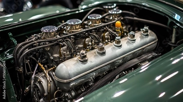 Fototapeta A vintage engine on display at an auto show, highlighting classic design and engineering from a bygone era