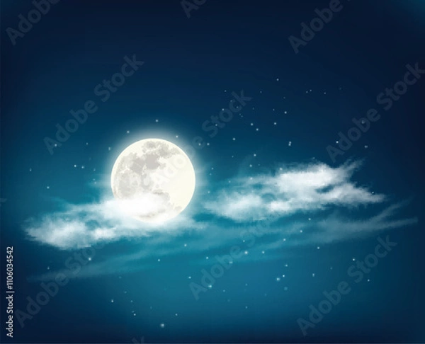 Fototapeta Night sky background with white clouds with stars and  moon
