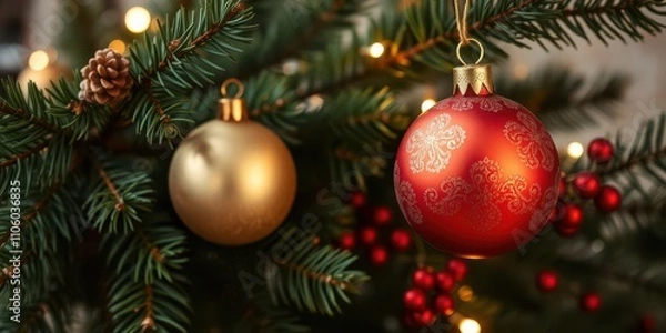 Obraz Christmas background with vintage golden ornament hanging on fir branches, fir branches