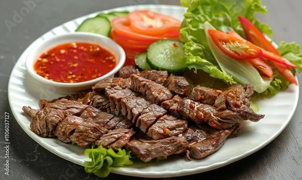 Fototapeta Delicious pieces of grilled beef are presented on a dish with pickled vegetables, fresh lettuce, and a side of hot sauce, making for a delectable supper, Generative AI.