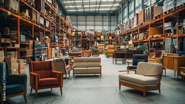 Obraz A spacious warehouse filled with various furniture pieces, showcasing a mix of chairs, sofas, and storage, highlighting a vibrant interior design collection.