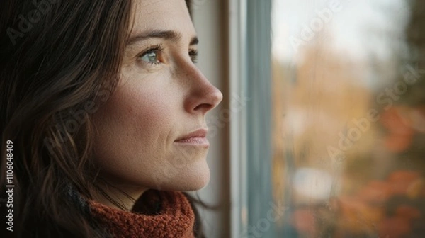 Fototapeta A close-up shot of a woman looking off into the distance, capturing a moment of introspection