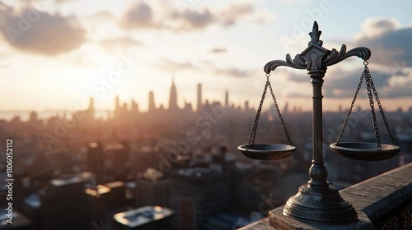 Obraz Urban justice scale overlooking nyc skyline at sunrise symbolizing law and order