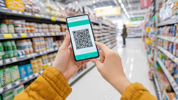 Obraz hand holding mobile phone with a QR code on screen