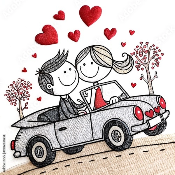 Fototapeta Romantic cartoon style illustration of a couple in love driving a convertible