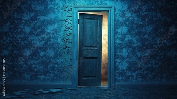 Fototapeta Mysterious Glow Emanating from a Partially Open Door in an Old Mansion, Featuring Cracked Walls and a Faint Light in a Hidden Room