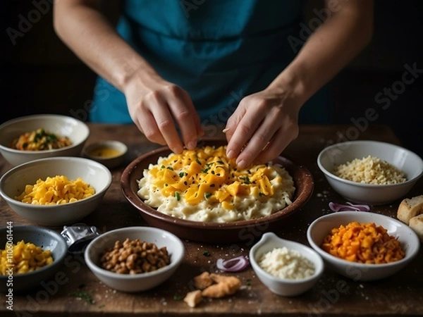 Fototapeta Flammekueche being prepared with surrounding ingredients.