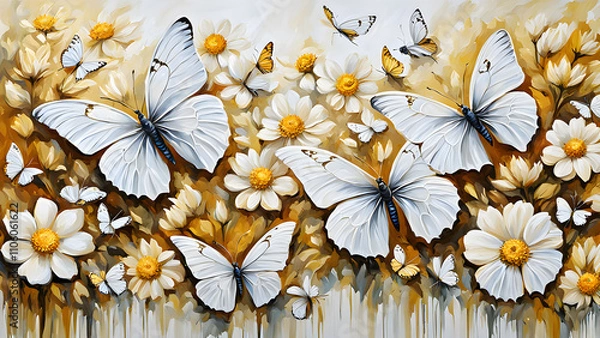 Obraz White butterflies on a background of daisies and daisies