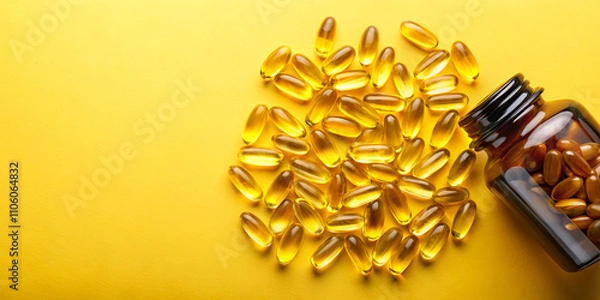 Fototapeta A collection of golden capsules spills from a dark, glass bottle onto a bright yellow surface, creating a vibrant contrast that highlights the shapes and colors of the supplements