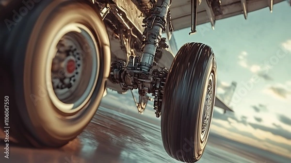 Obraz Close-up of an aircraft landing gear wheel on a runway during takeoff or landing.