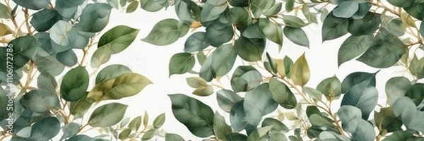 Fototapeta Intricate watercolor eucalyptus leaves with golden border, elegant decor, stylish