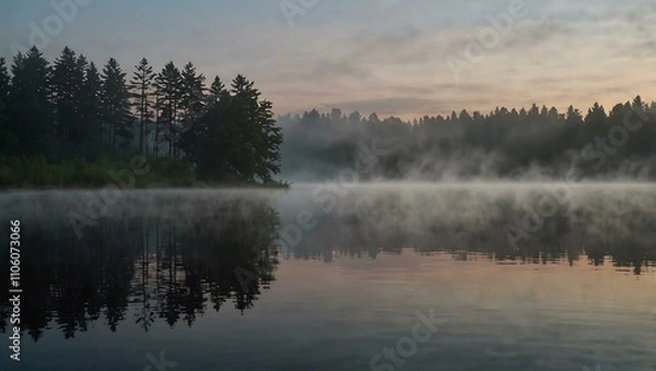 Obraz Fog over a lake at dawn.