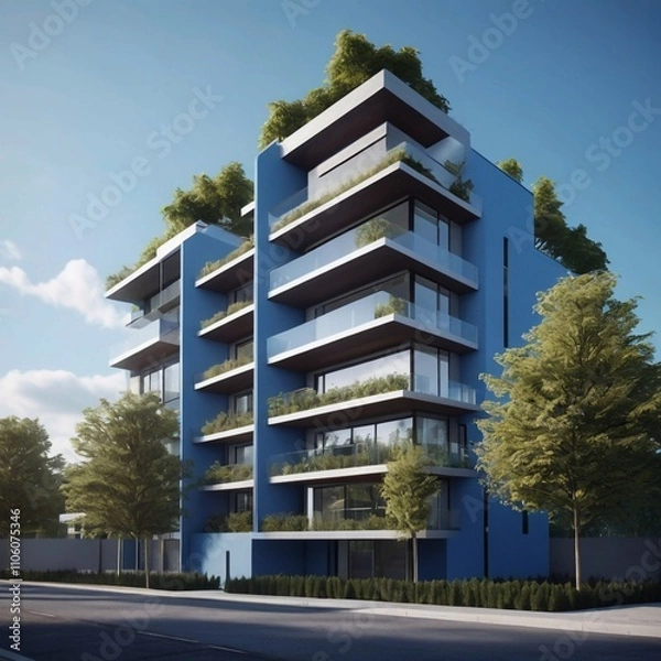 Fototapeta Architectural rendering of a sleek, modern apartment building with blue facade, multiple balconies with greenery.